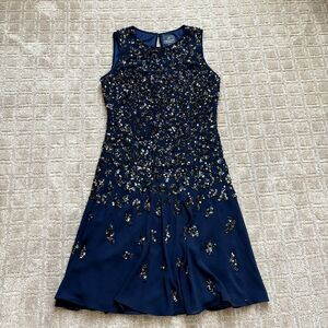 ADRIANNA PAPELL Sequin Beaded Dress 4 Navy Blue Sleeveless Cocktail Embellished